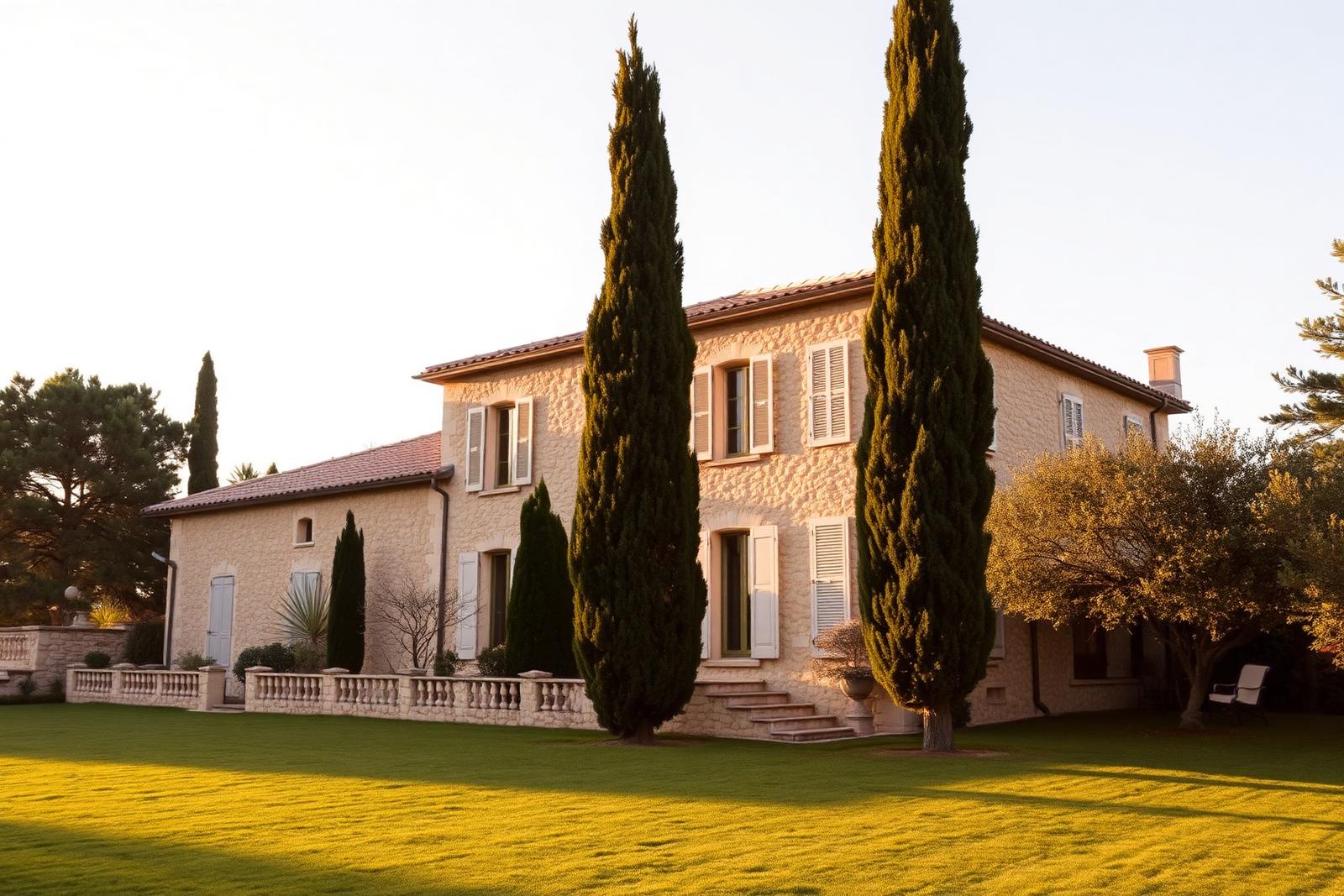 Propriété provençale en pierre au coucher du soleil dans le pays d'Aix-en-Provence